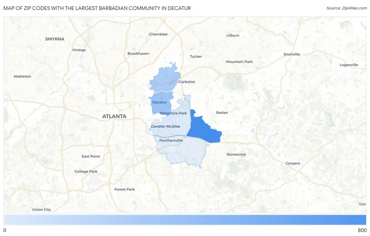Zip Codes with the Largest Barbadian Community in Decatur Map