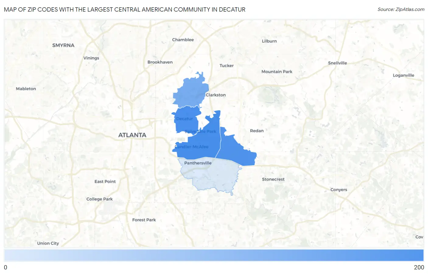 Zip Codes with the Largest Central American Community in Decatur Map