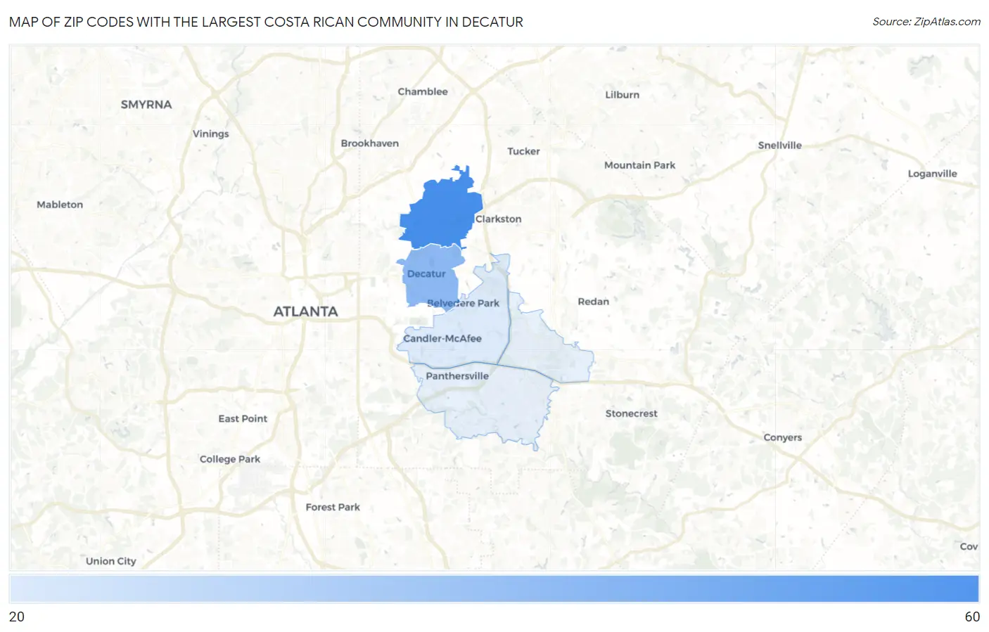 Zip Codes with the Largest Costa Rican Community in Decatur Map