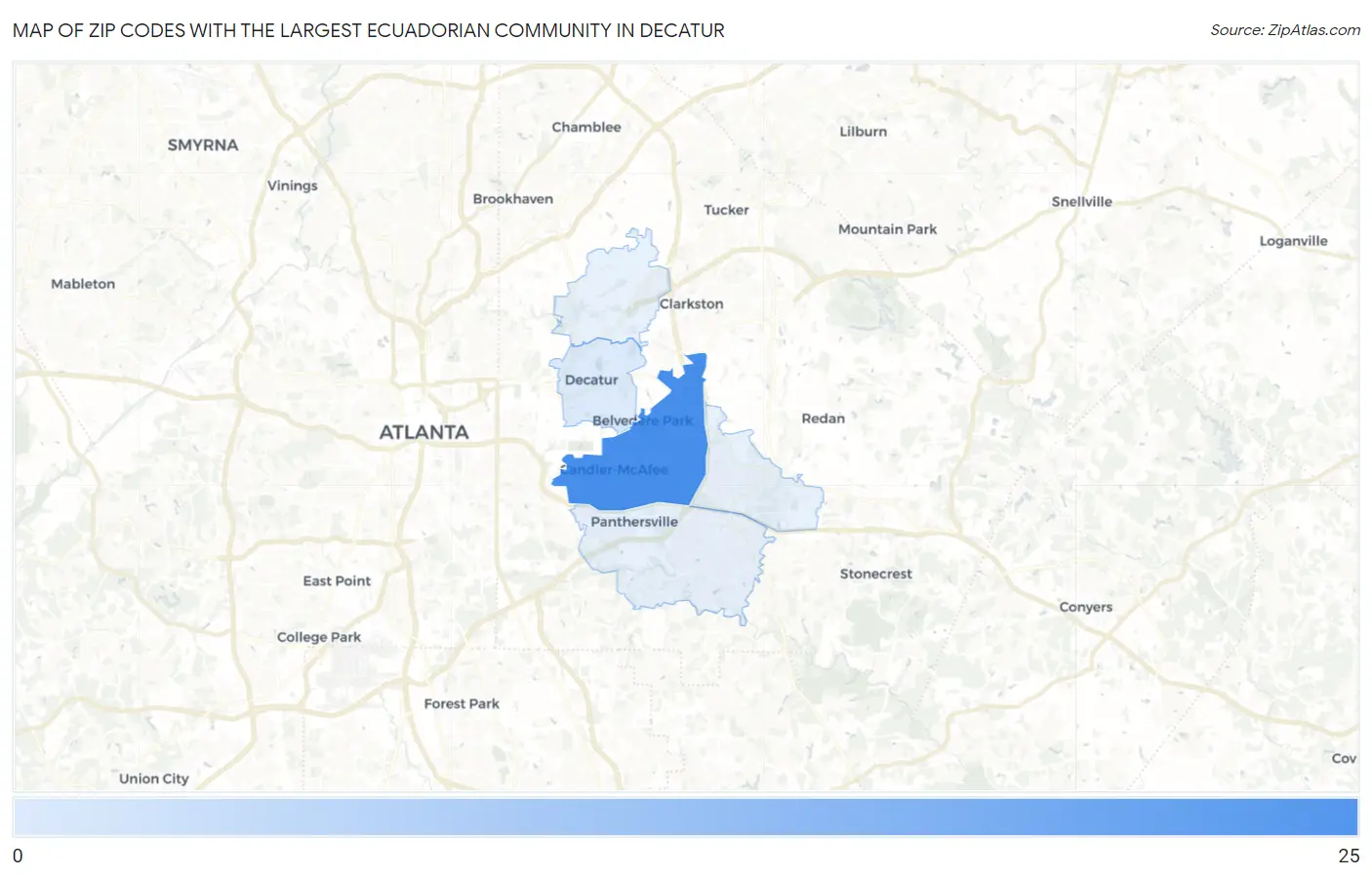 Zip Codes with the Largest Ecuadorian Community in Decatur Map