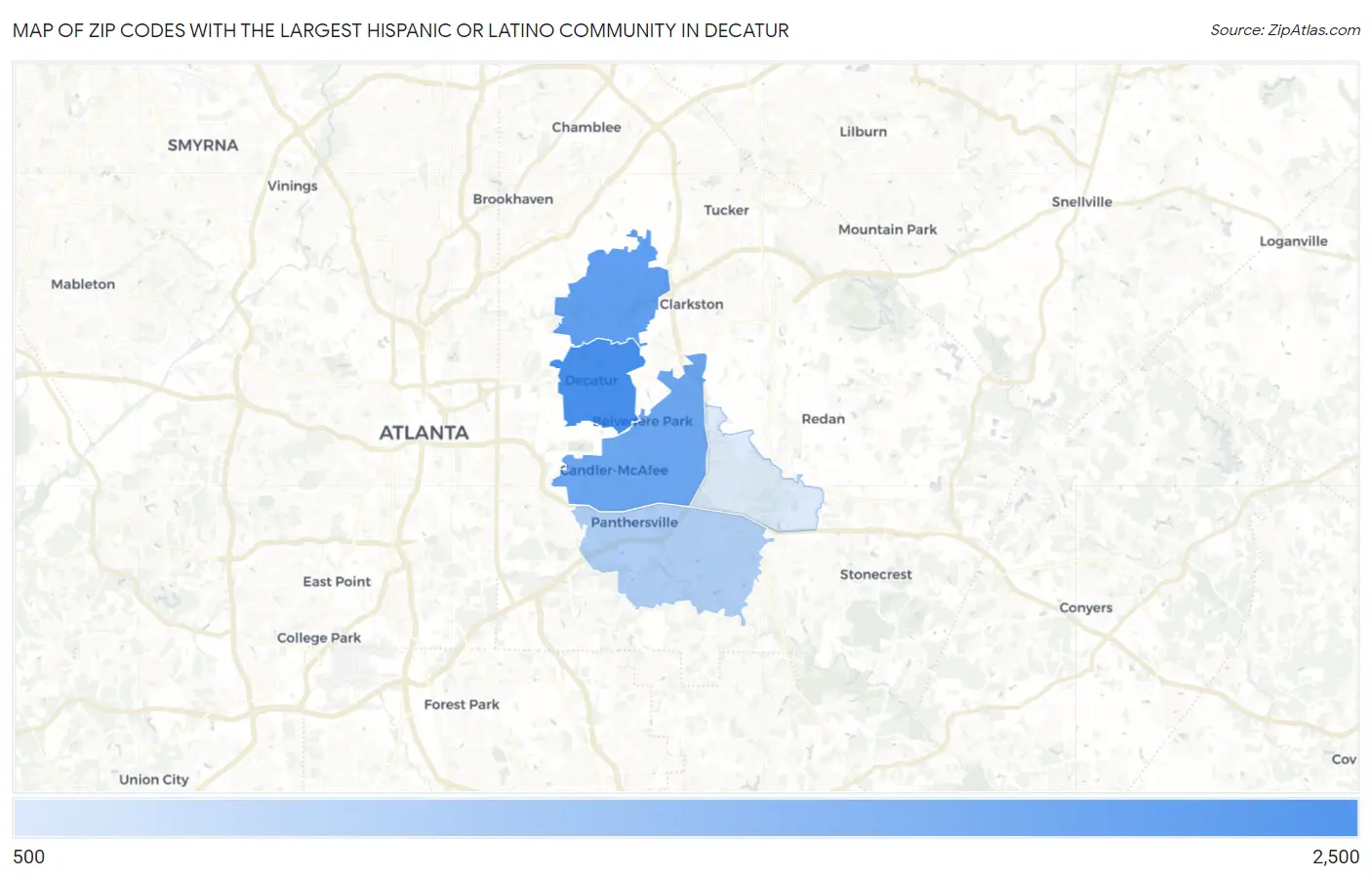 Zip Codes with the Largest Hispanic or Latino Community in Decatur Map