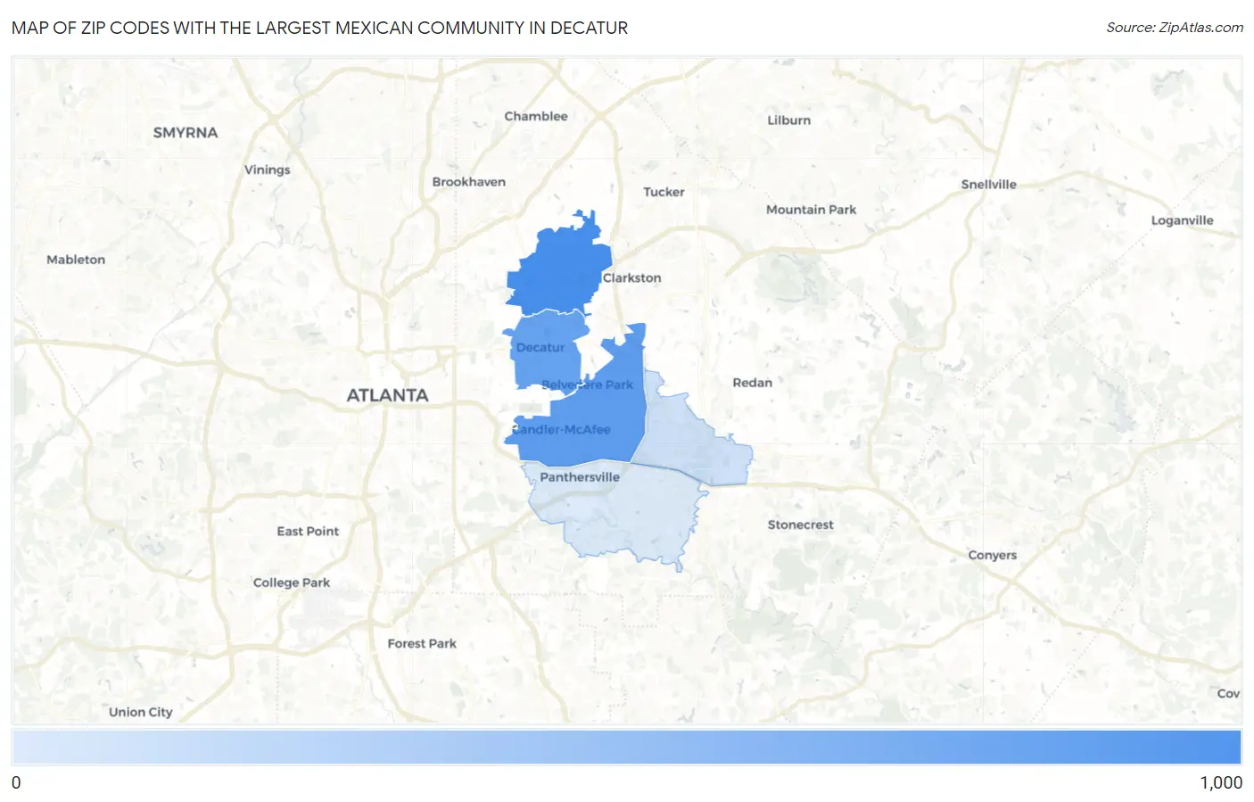 Zip Codes with the Largest Mexican Community in Decatur Map