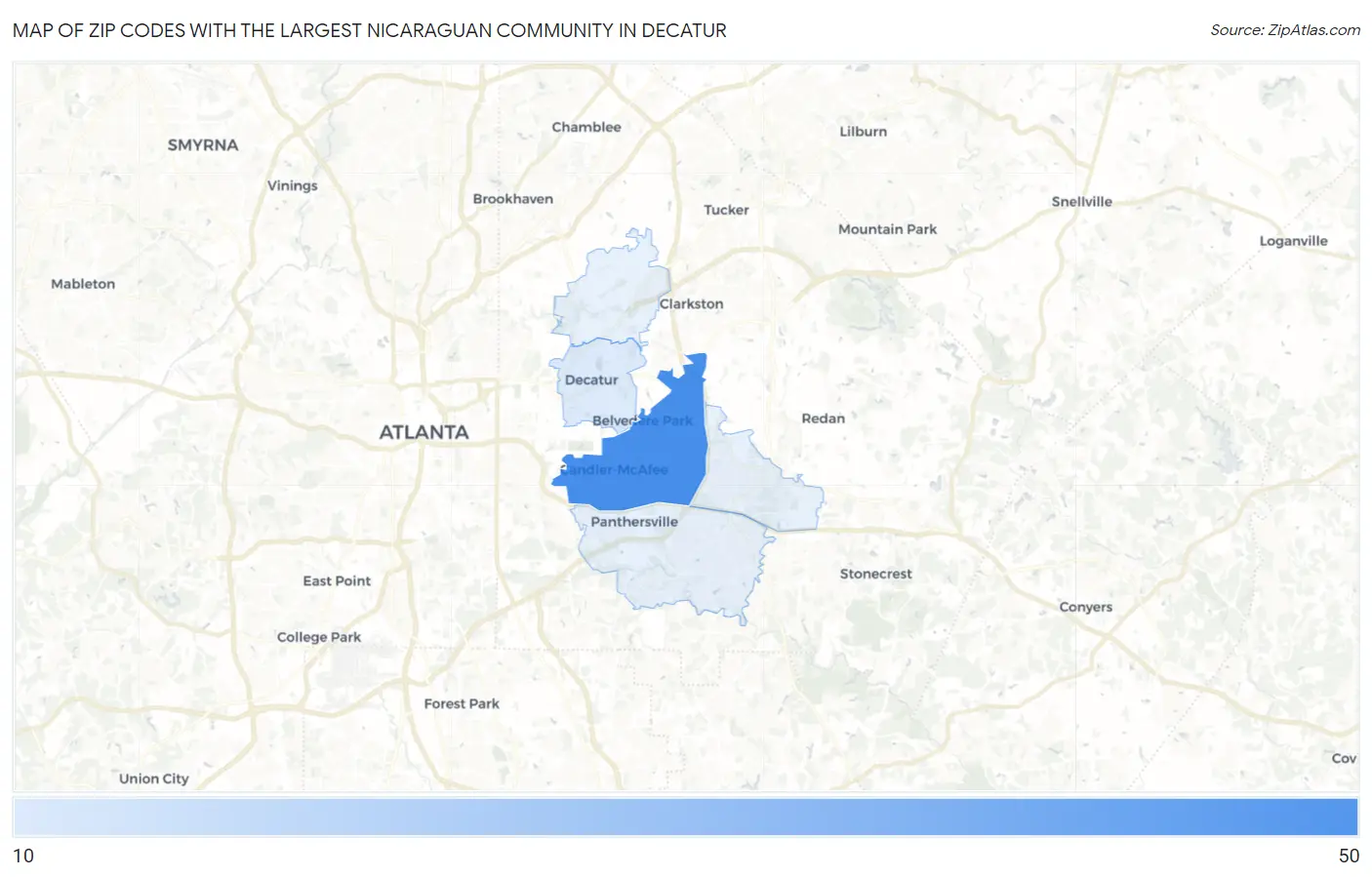 Zip Codes with the Largest Nicaraguan Community in Decatur Map