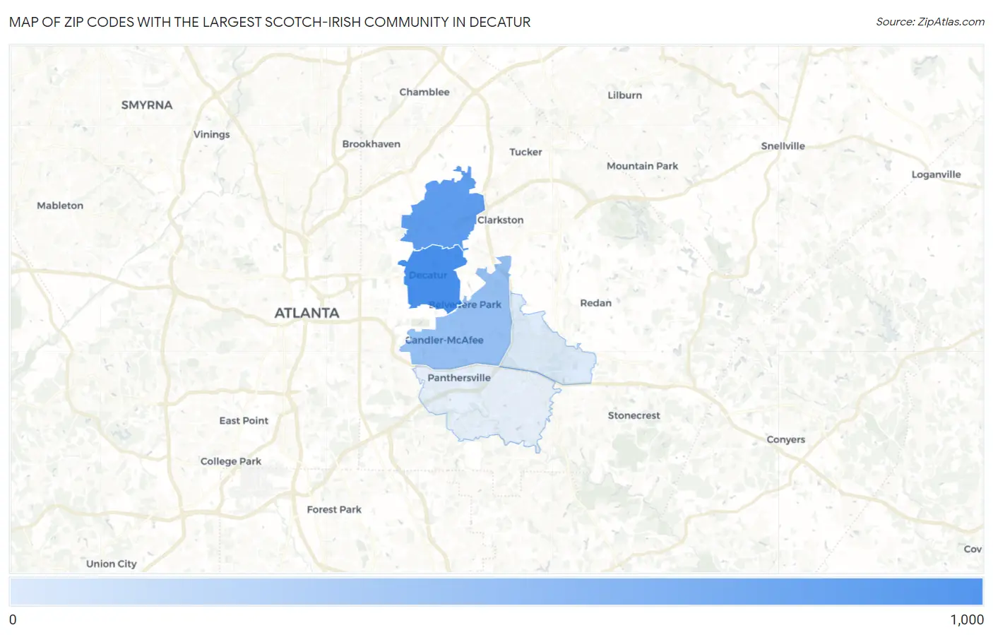Zip Codes with the Largest Scotch-Irish Community in Decatur Map