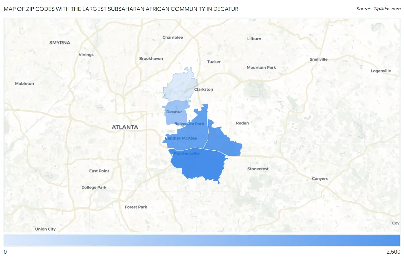 Zip Codes with the Largest Subsaharan African Community in Decatur Map