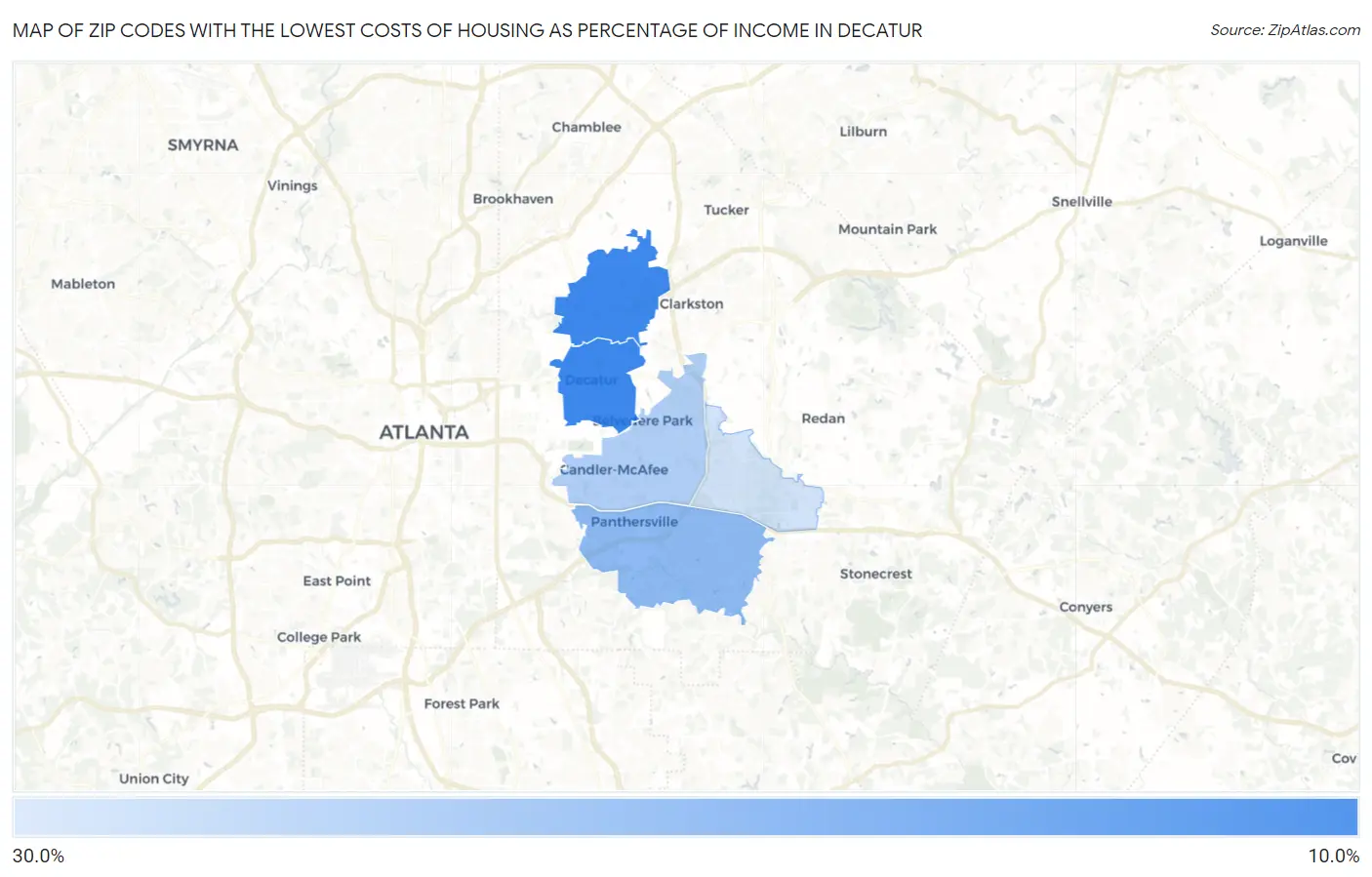 Zip Codes with the Lowest Costs of Housing as Percentage of Income in Decatur Map