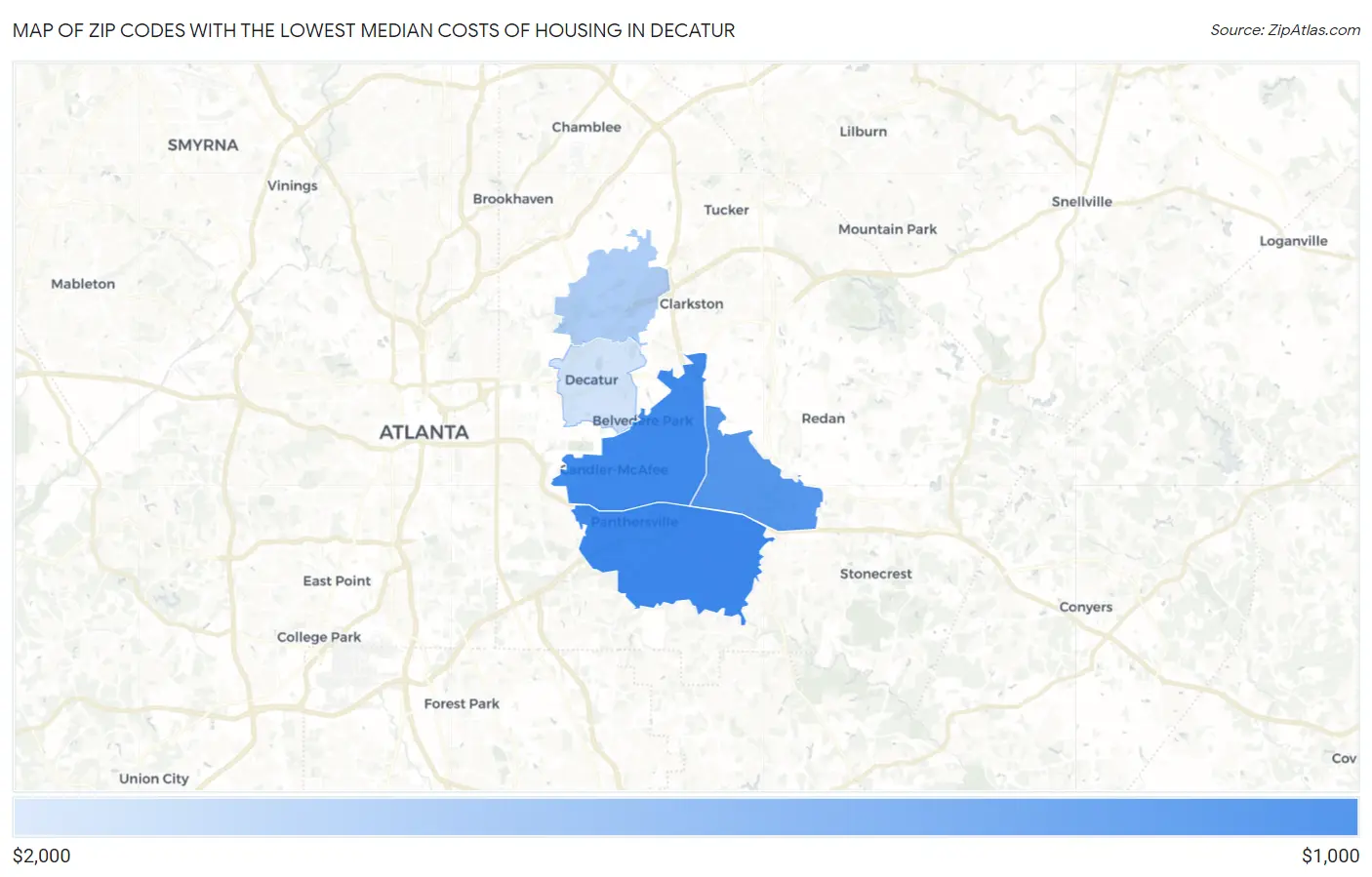 Zip Codes with the Lowest Median Costs of Housing in Decatur Map