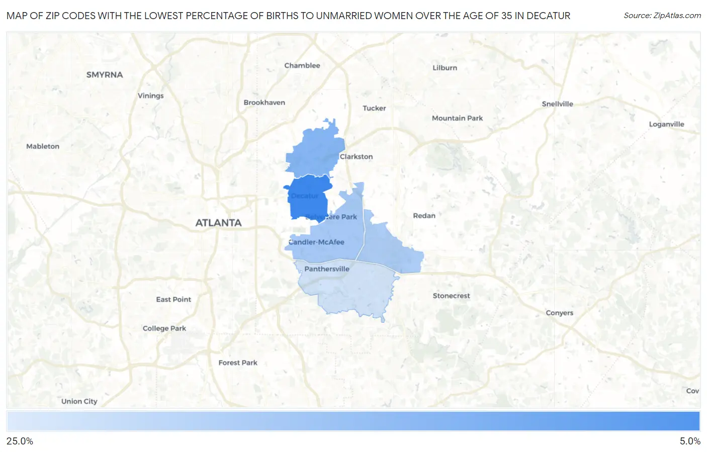 Zip Codes with the Lowest Percentage of Births to Unmarried Women over the Age of 35 in Decatur Map