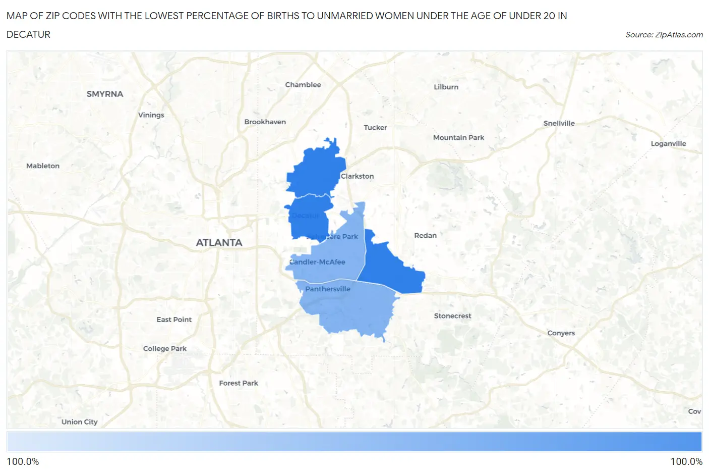 Zip Codes with the Lowest Percentage of Births to Unmarried Women under the Age of under 20 in Decatur Map