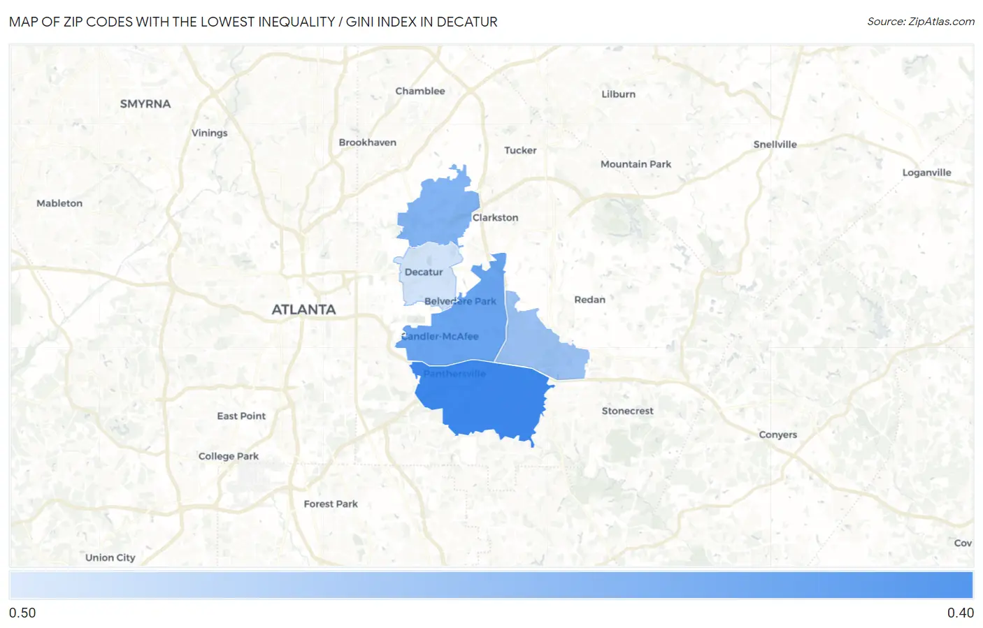 Zip Codes with the Lowest Inequality / Gini Index in Decatur Map