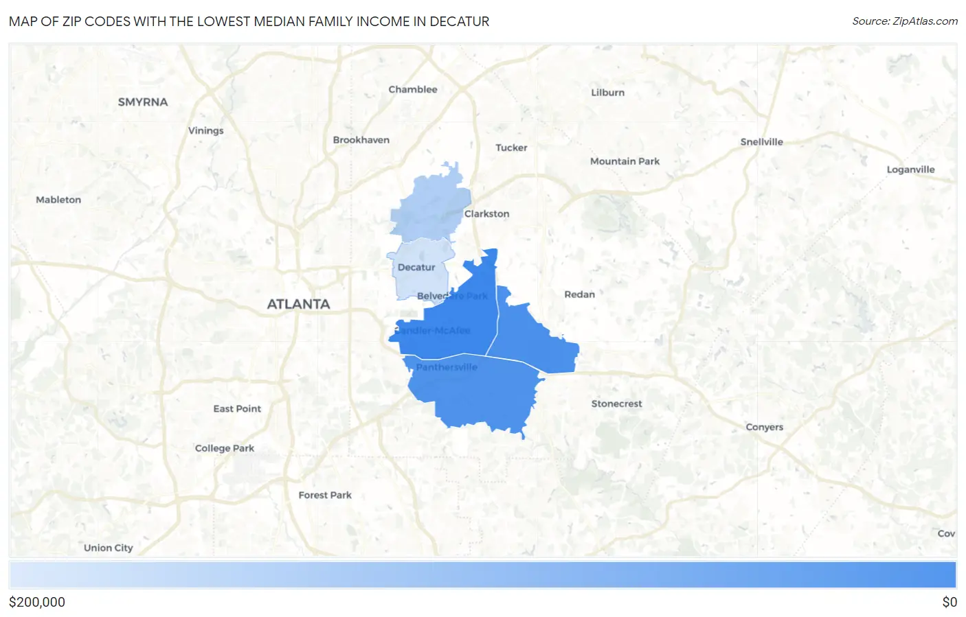 Zip Codes with the Lowest Median Family Income in Decatur Map