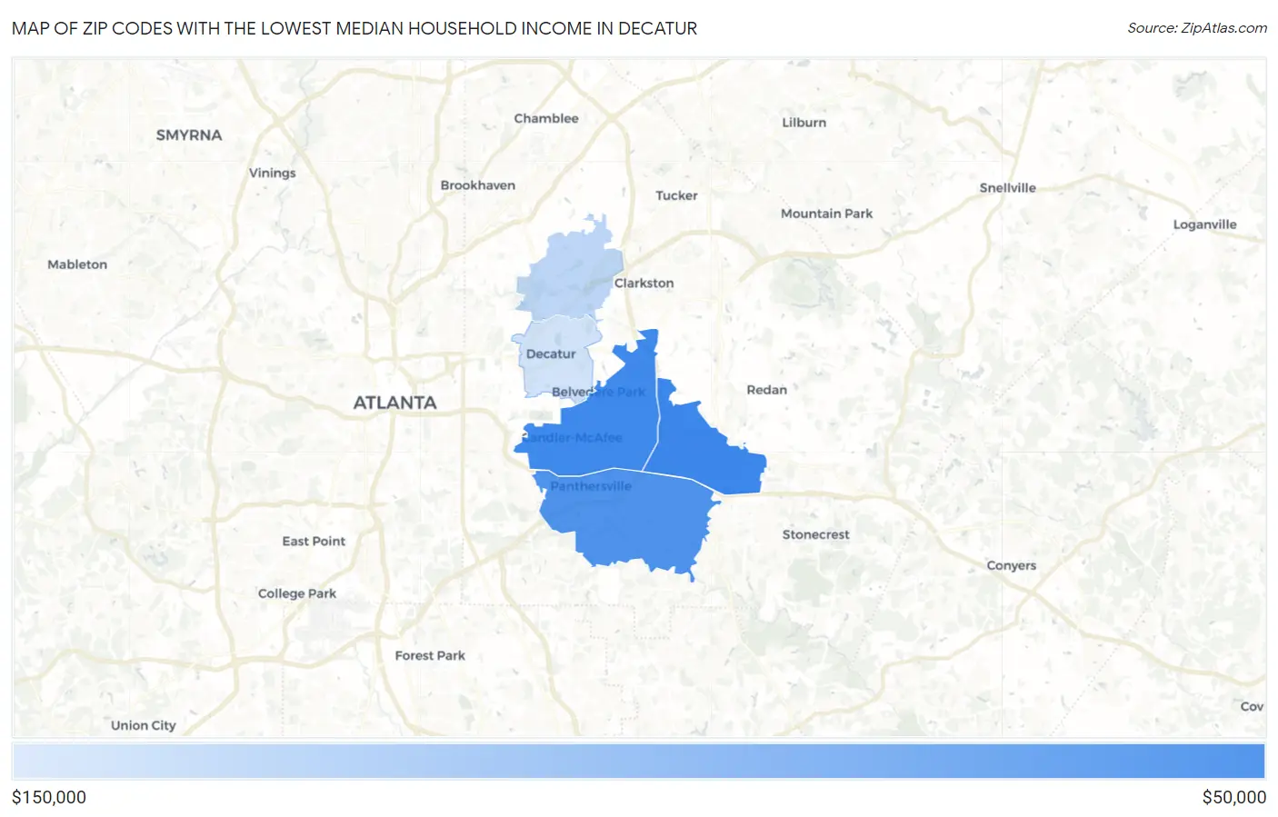 Zip Codes with the Lowest Median Household Income in Decatur Map