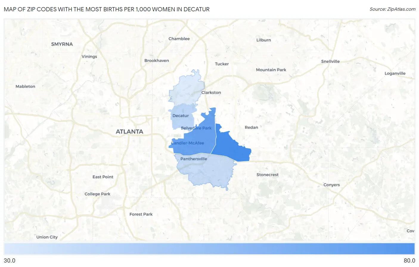 Zip Codes with the Most Births per 1,000 Women in Decatur Map