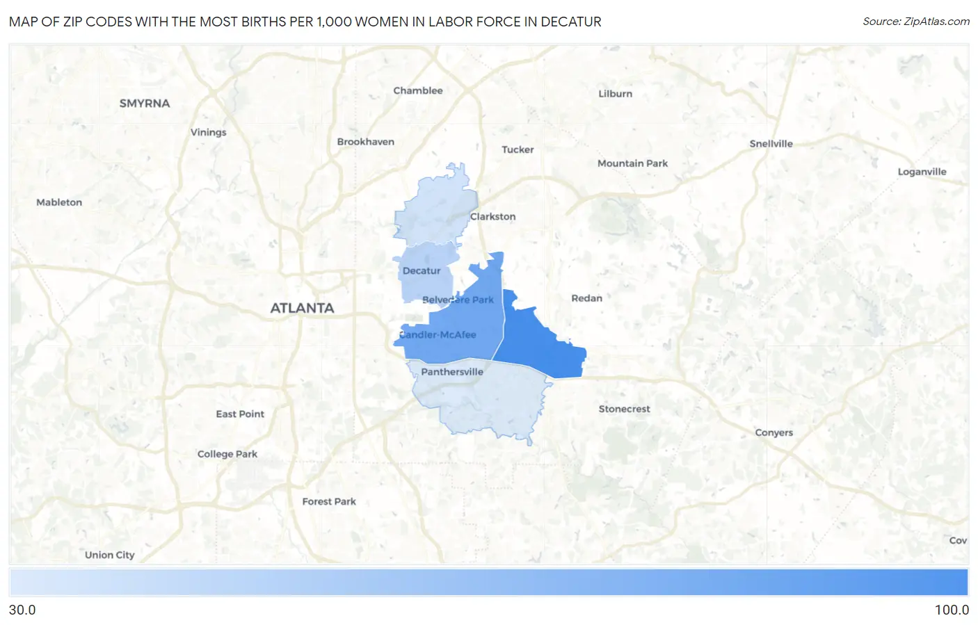Zip Codes with the Most Births per 1,000 Women in Labor Force in Decatur Map