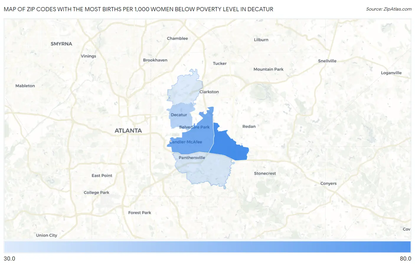Zip Codes with the Most Births per 1,000 Women Below Poverty Level in Decatur Map