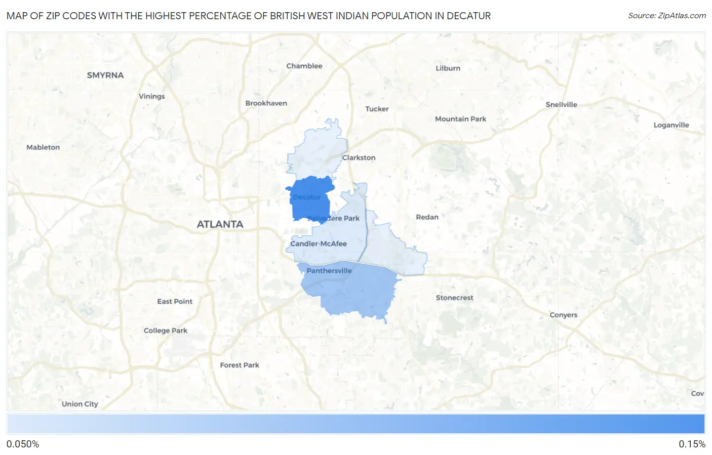 Zip Codes with the Highest Percentage of British West Indian Population in Decatur Map