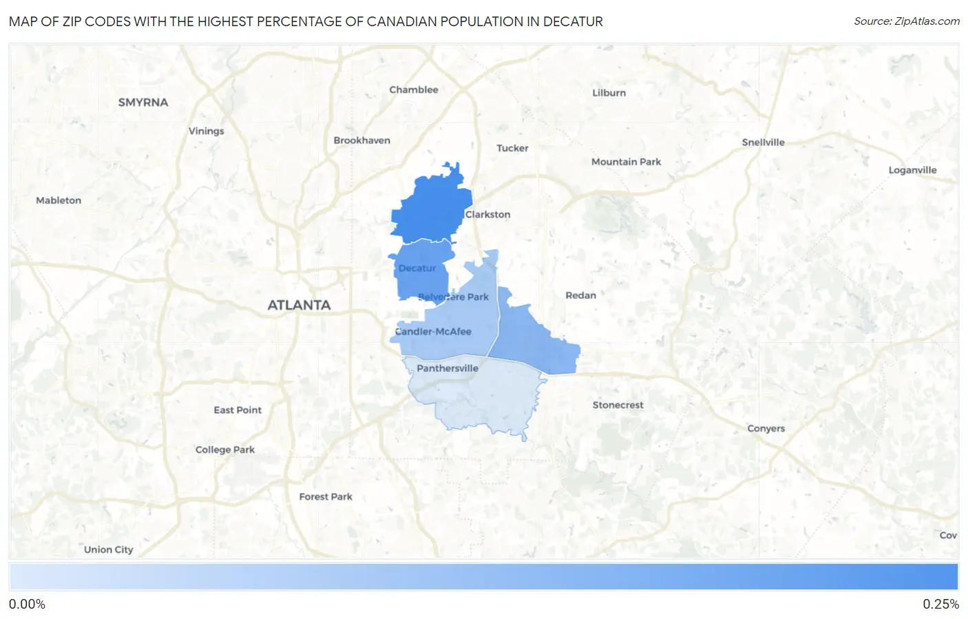Zip Codes with the Highest Percentage of Canadian Population in Decatur Map