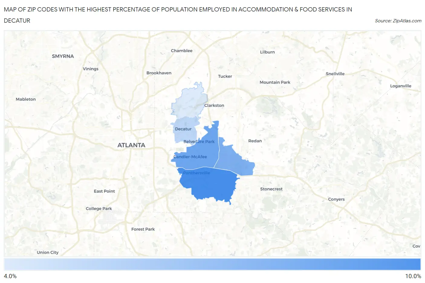 Zip Codes with the Highest Percentage of Population Employed in Accommodation & Food Services in Decatur Map