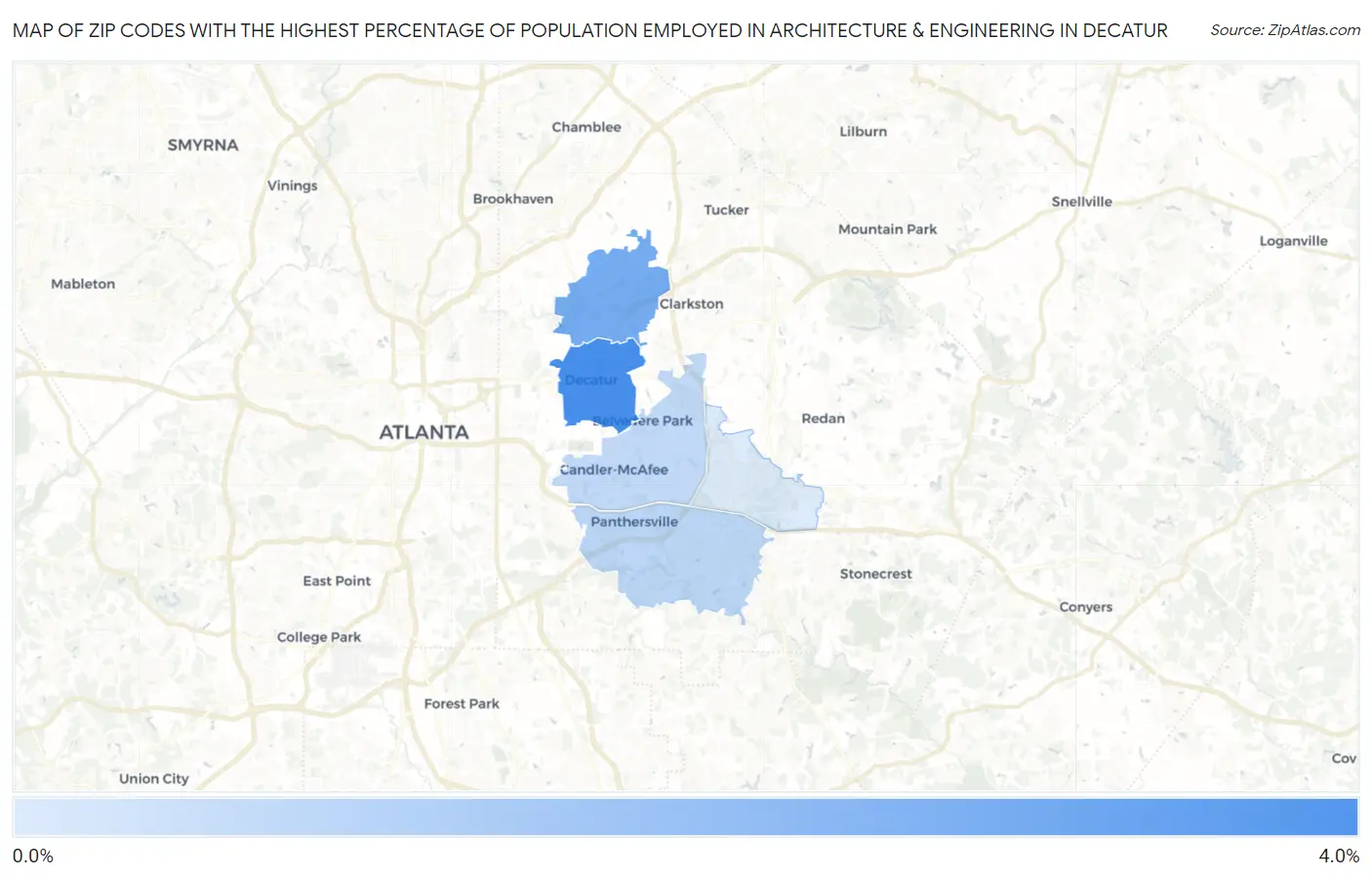 Zip Codes with the Highest Percentage of Population Employed in Architecture & Engineering in Decatur Map