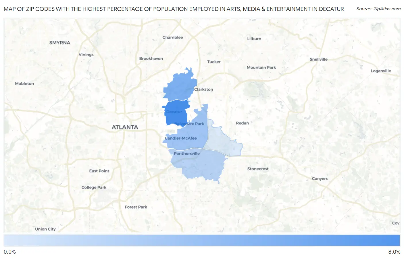 Zip Codes with the Highest Percentage of Population Employed in Arts, Media & Entertainment in Decatur Map