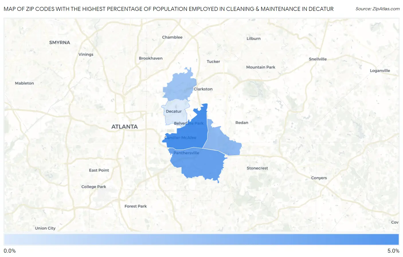 Zip Codes with the Highest Percentage of Population Employed in Cleaning & Maintenance in Decatur Map