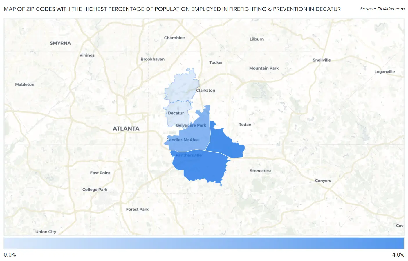 Zip Codes with the Highest Percentage of Population Employed in Firefighting & Prevention in Decatur Map
