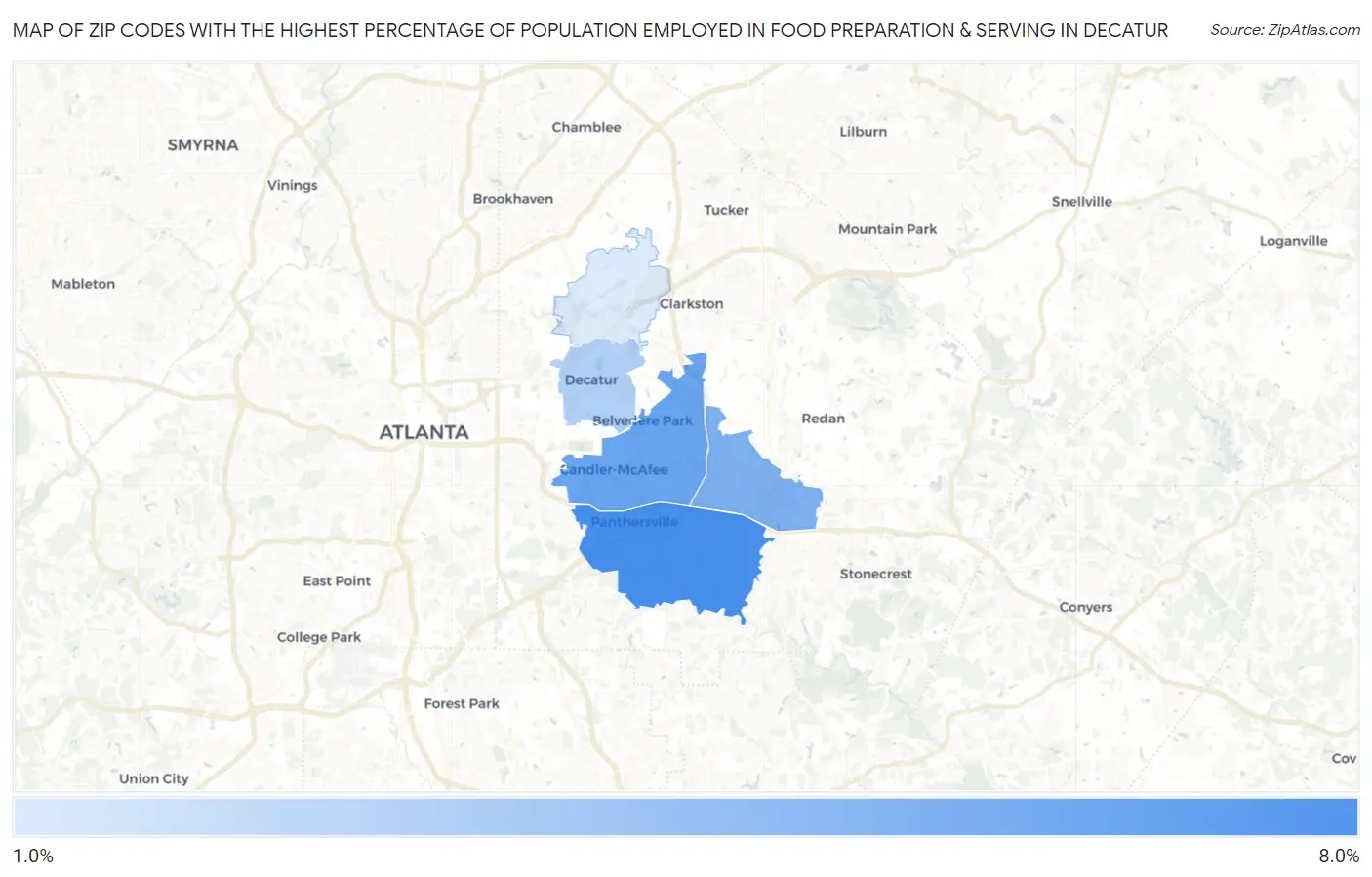 Zip Codes with the Highest Percentage of Population Employed in Food Preparation & Serving in Decatur Map