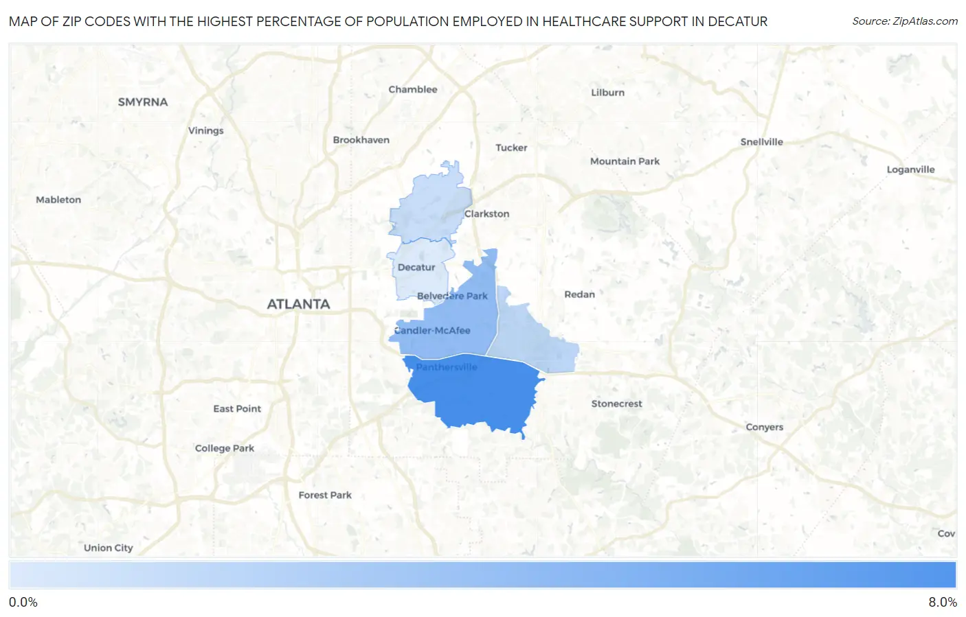 Zip Codes with the Highest Percentage of Population Employed in Healthcare Support in Decatur Map