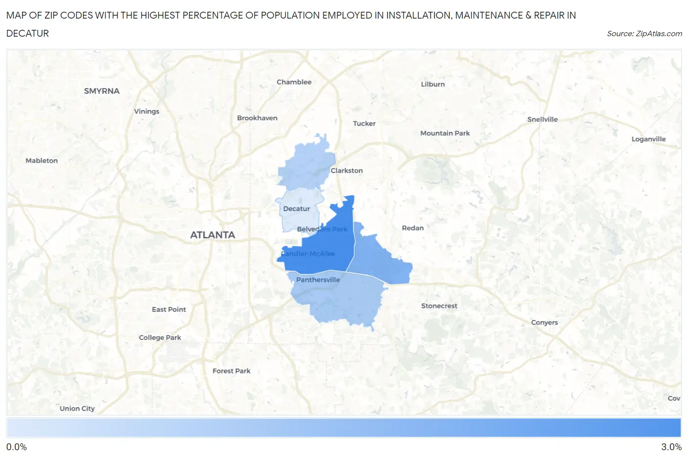 Zip Codes with the Highest Percentage of Population Employed in Installation, Maintenance & Repair in Decatur Map