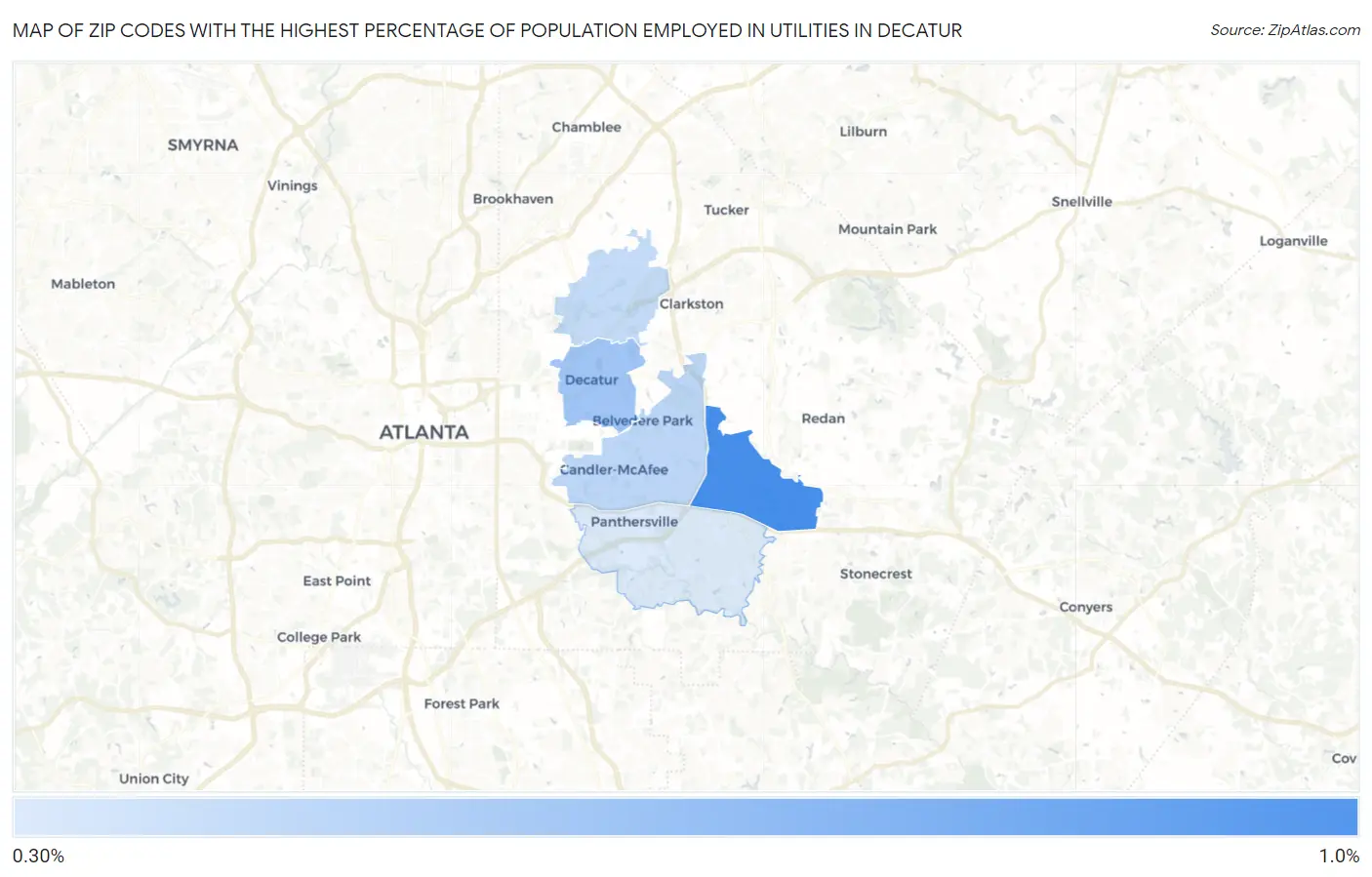 Zip Codes with the Highest Percentage of Population Employed in Utilities in Decatur Map