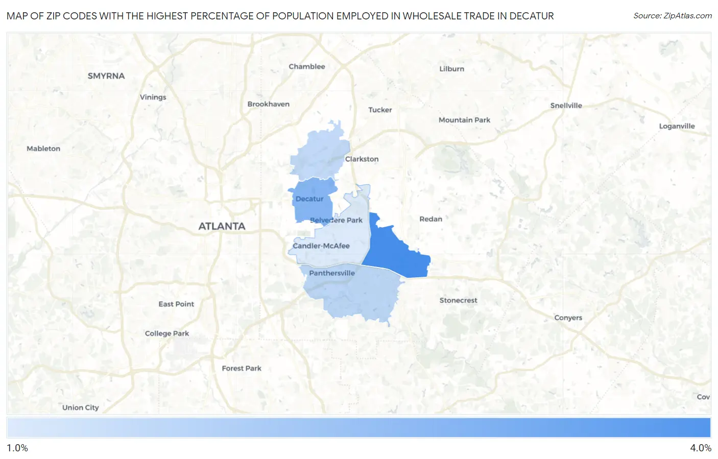 Zip Codes with the Highest Percentage of Population Employed in Wholesale Trade in Decatur Map