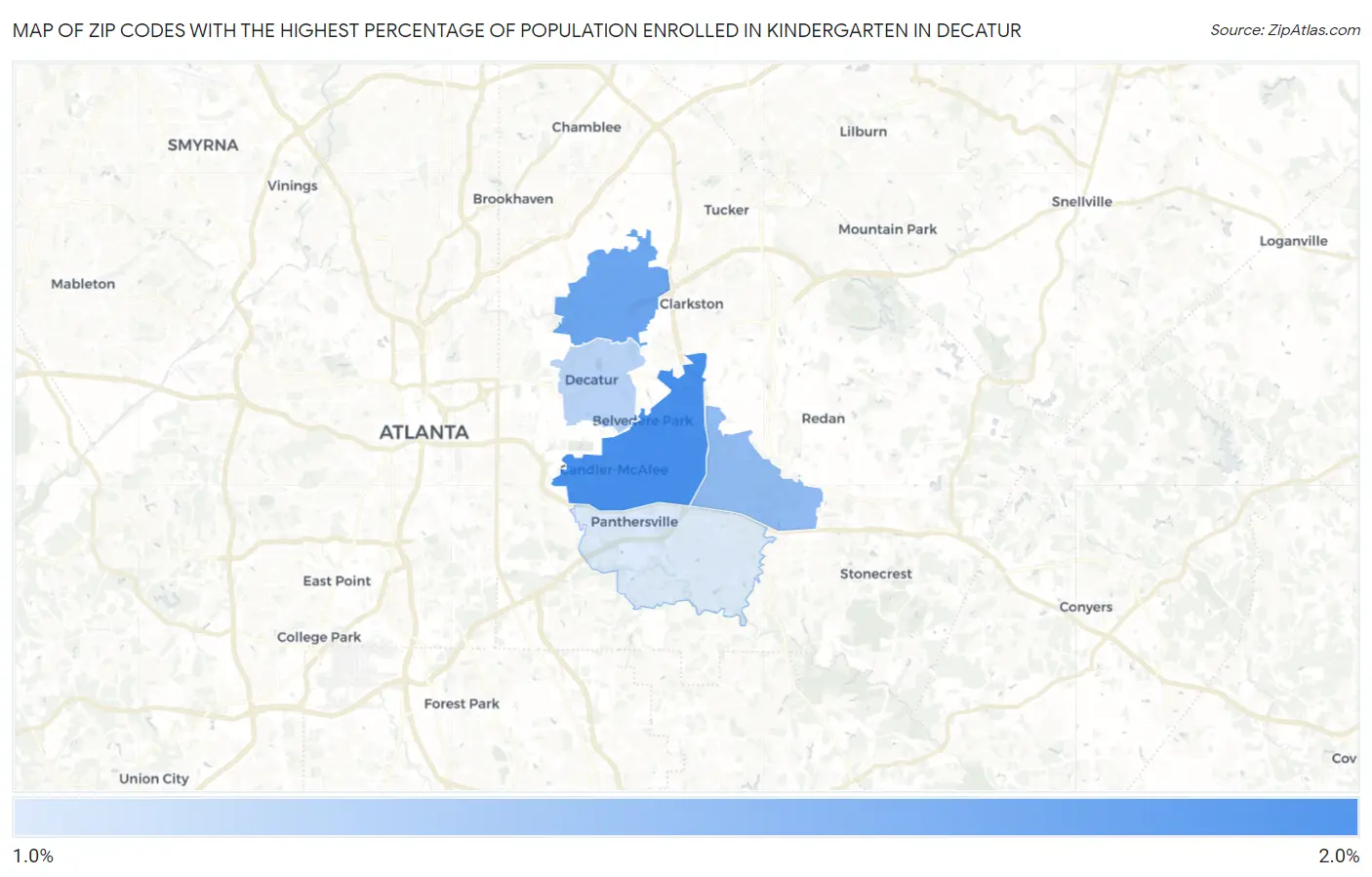 Zip Codes with the Highest Percentage of Population Enrolled in Kindergarten in Decatur Map