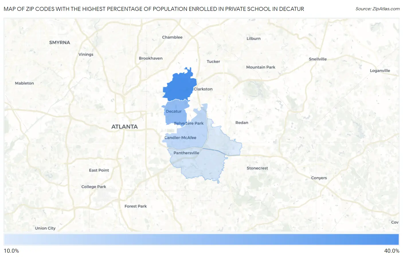 Zip Codes with the Highest Percentage of Population Enrolled in Private School in Decatur Map
