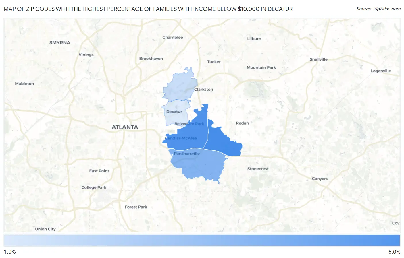 Zip Codes with the Highest Percentage of Families with Income Below $10,000 in Decatur Map