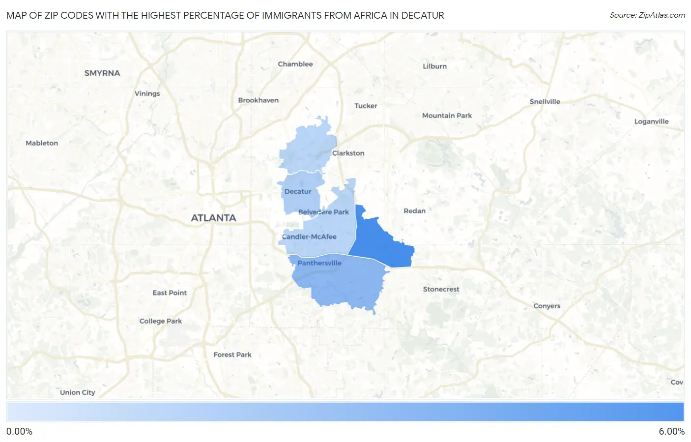 Zip Codes with the Highest Percentage of Immigrants from Africa in Decatur Map