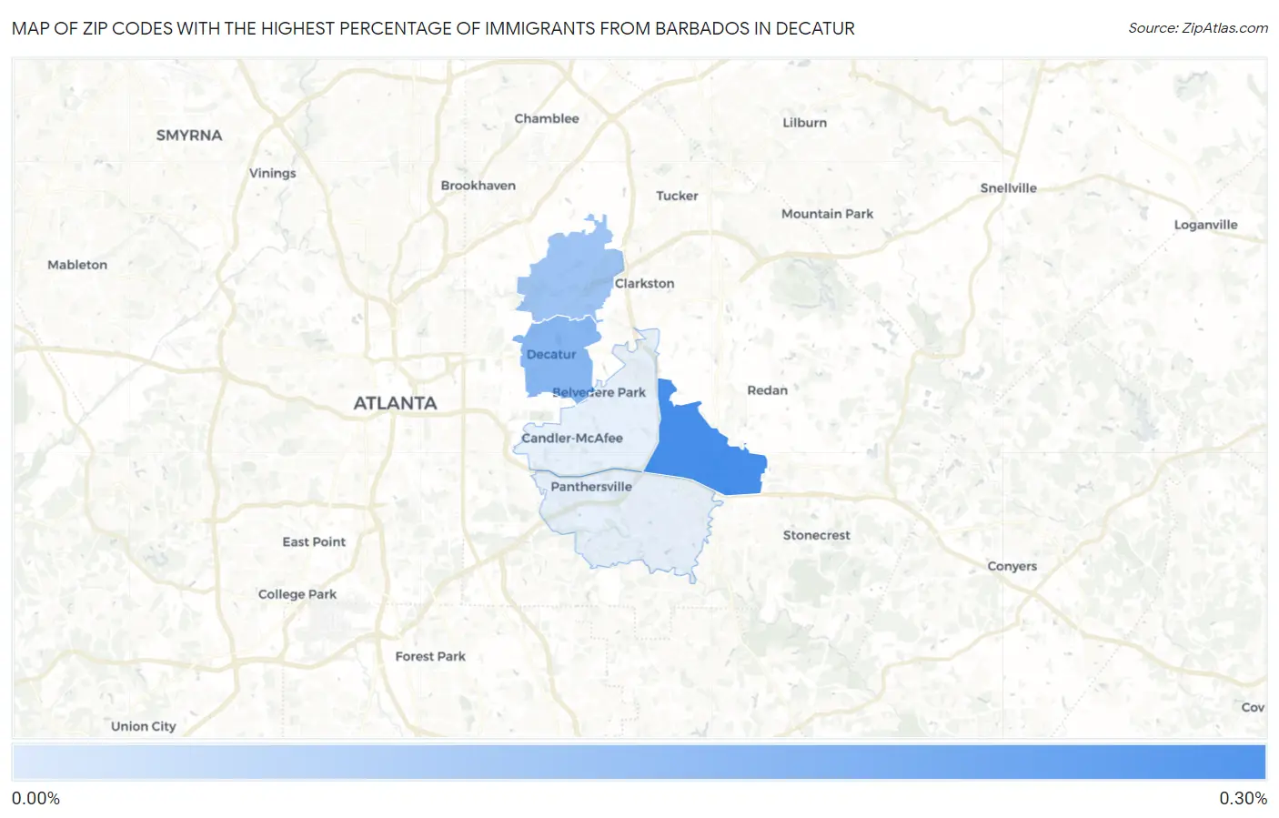Zip Codes with the Highest Percentage of Immigrants from Barbados in Decatur Map