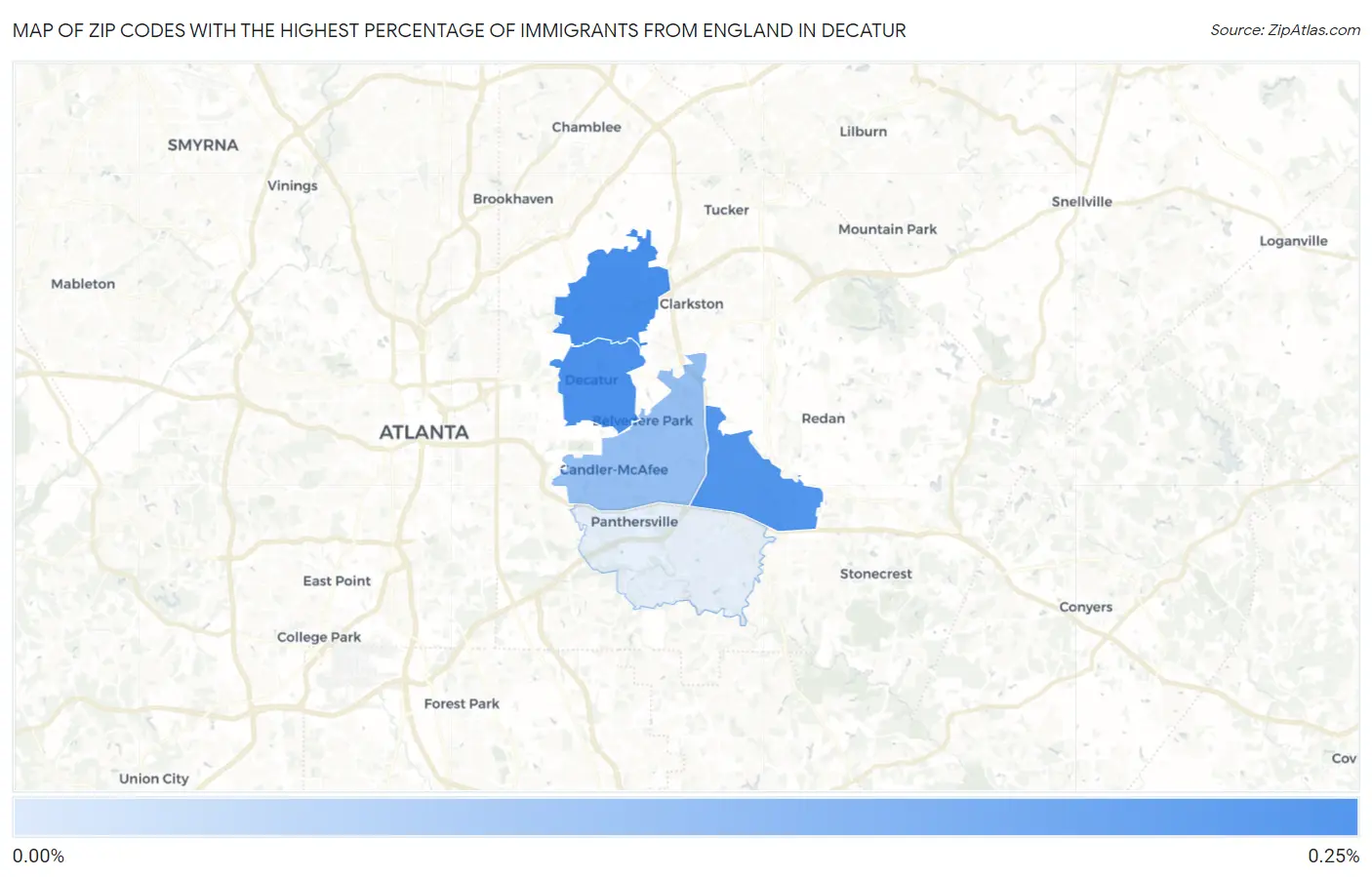 Zip Codes with the Highest Percentage of Immigrants from England in Decatur Map