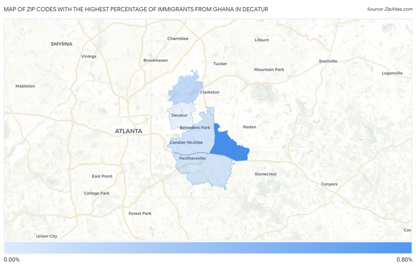Zip Codes with the Highest Percentage of Immigrants from Ghana in Decatur Map