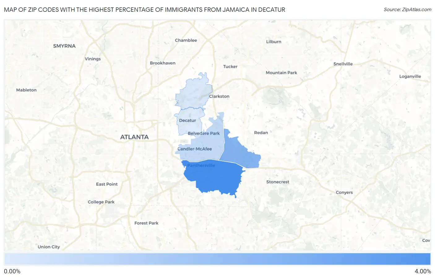 Zip Codes with the Highest Percentage of Immigrants from Jamaica in Decatur Map