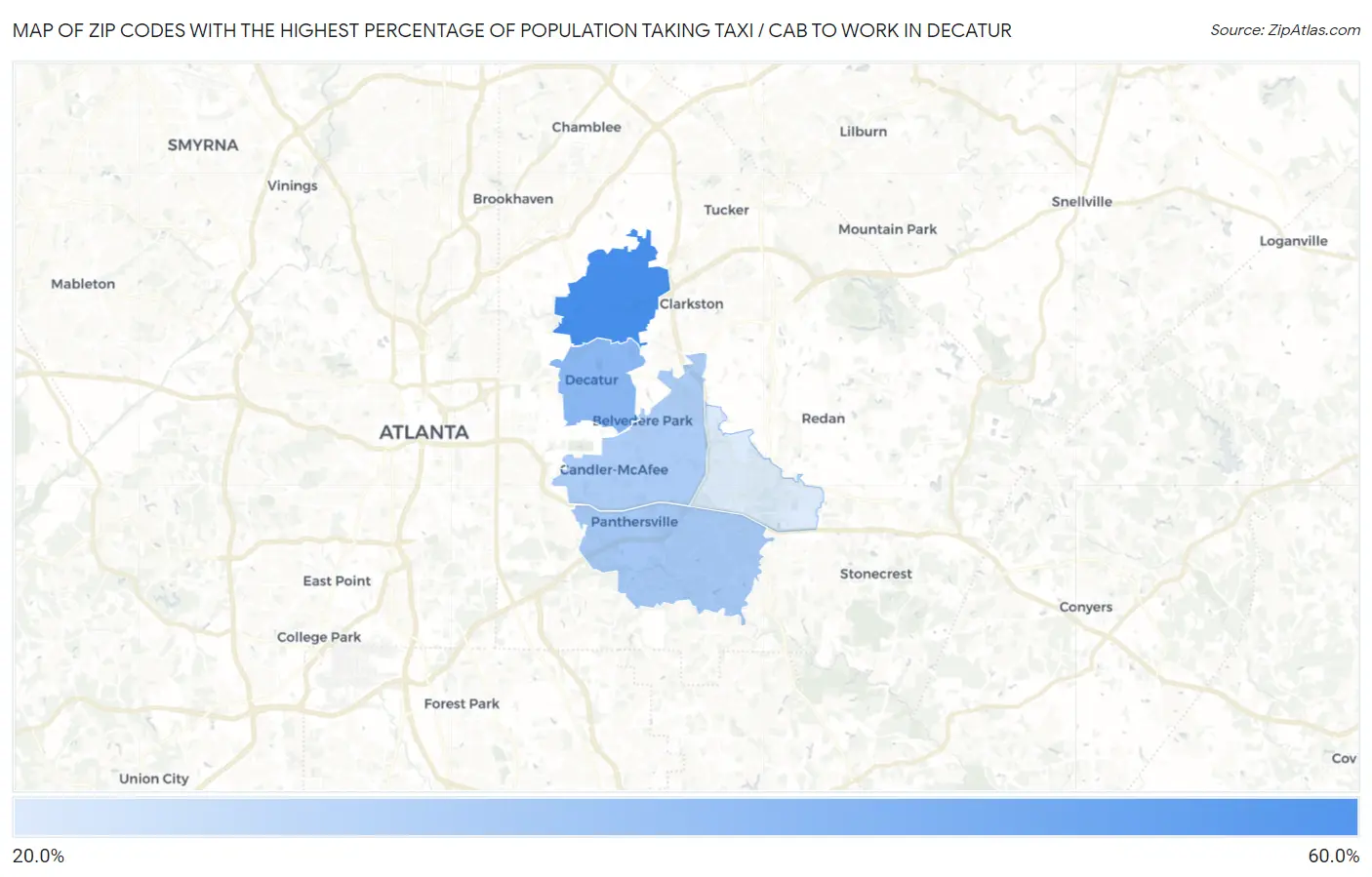 Zip Codes with the Highest Percentage of Population Taking Taxi / Cab to Work in Decatur Map