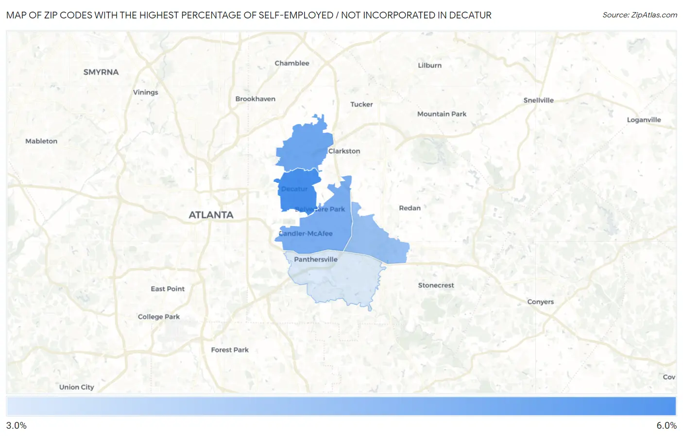 Zip Codes with the Highest Percentage of Self-Employed / Not Incorporated in Decatur Map