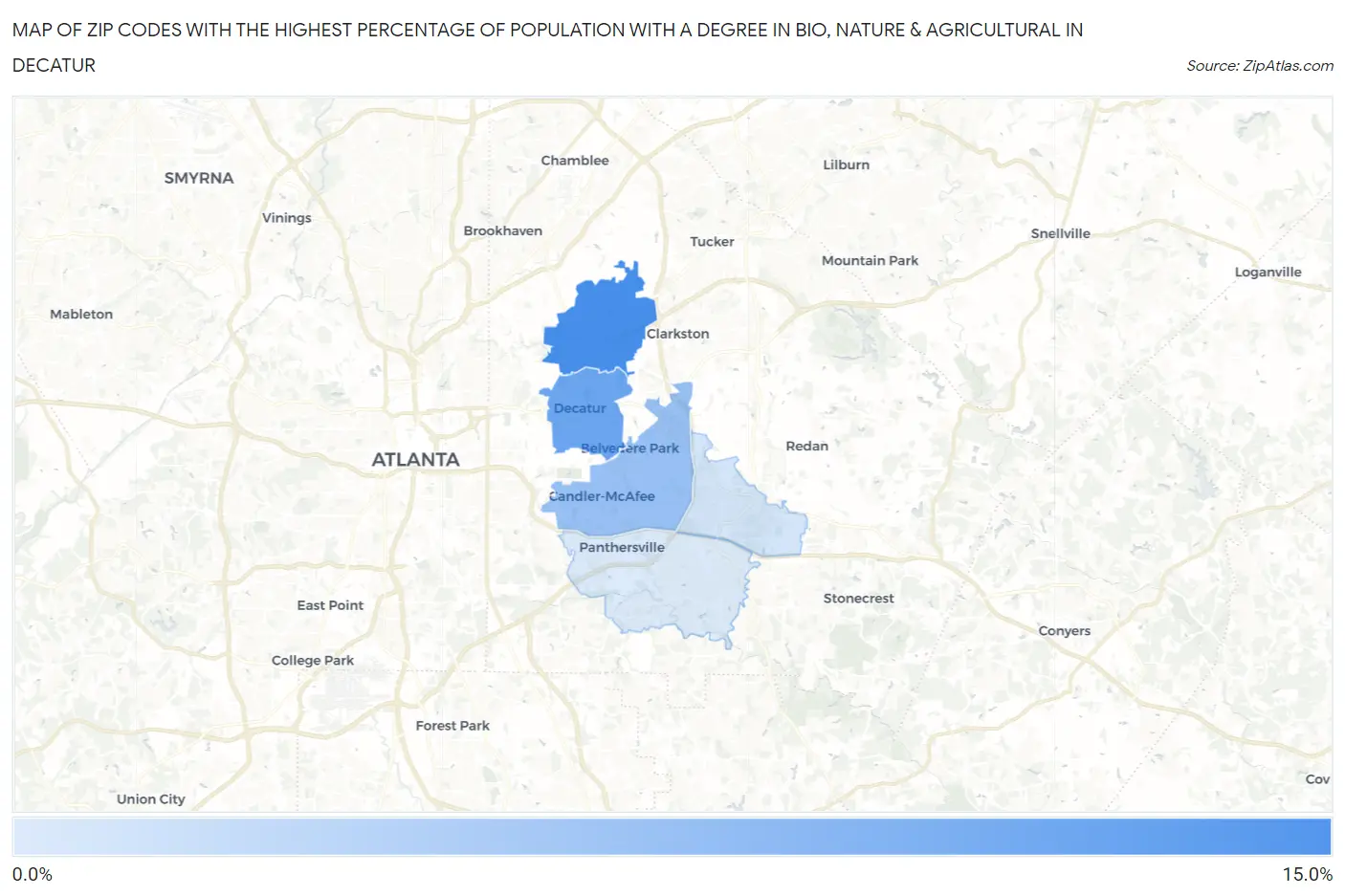 Zip Codes with the Highest Percentage of Population with a Degree in Bio, Nature & Agricultural in Decatur Map