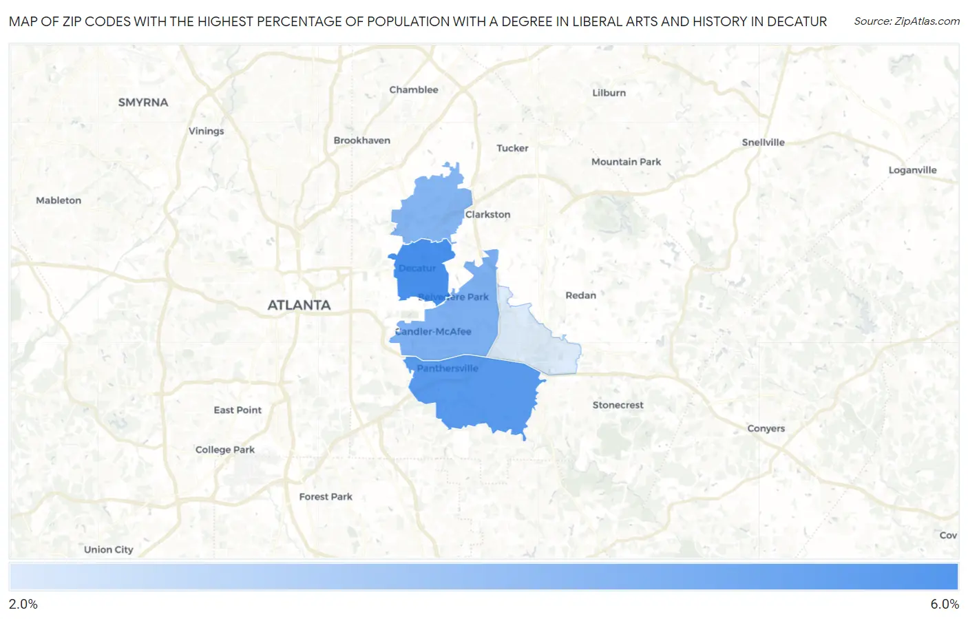 Zip Codes with the Highest Percentage of Population with a Degree in Liberal Arts and History in Decatur Map