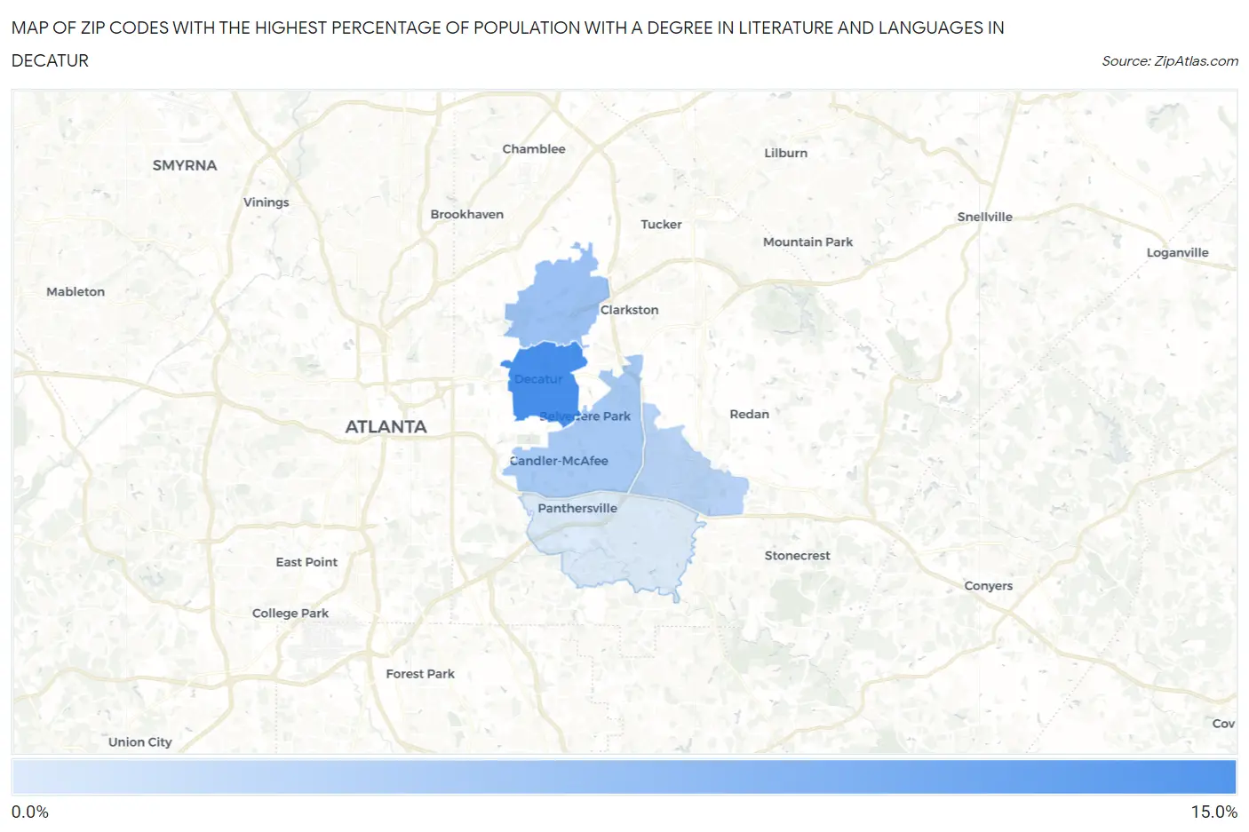 Zip Codes with the Highest Percentage of Population with a Degree in Literature and Languages in Decatur Map