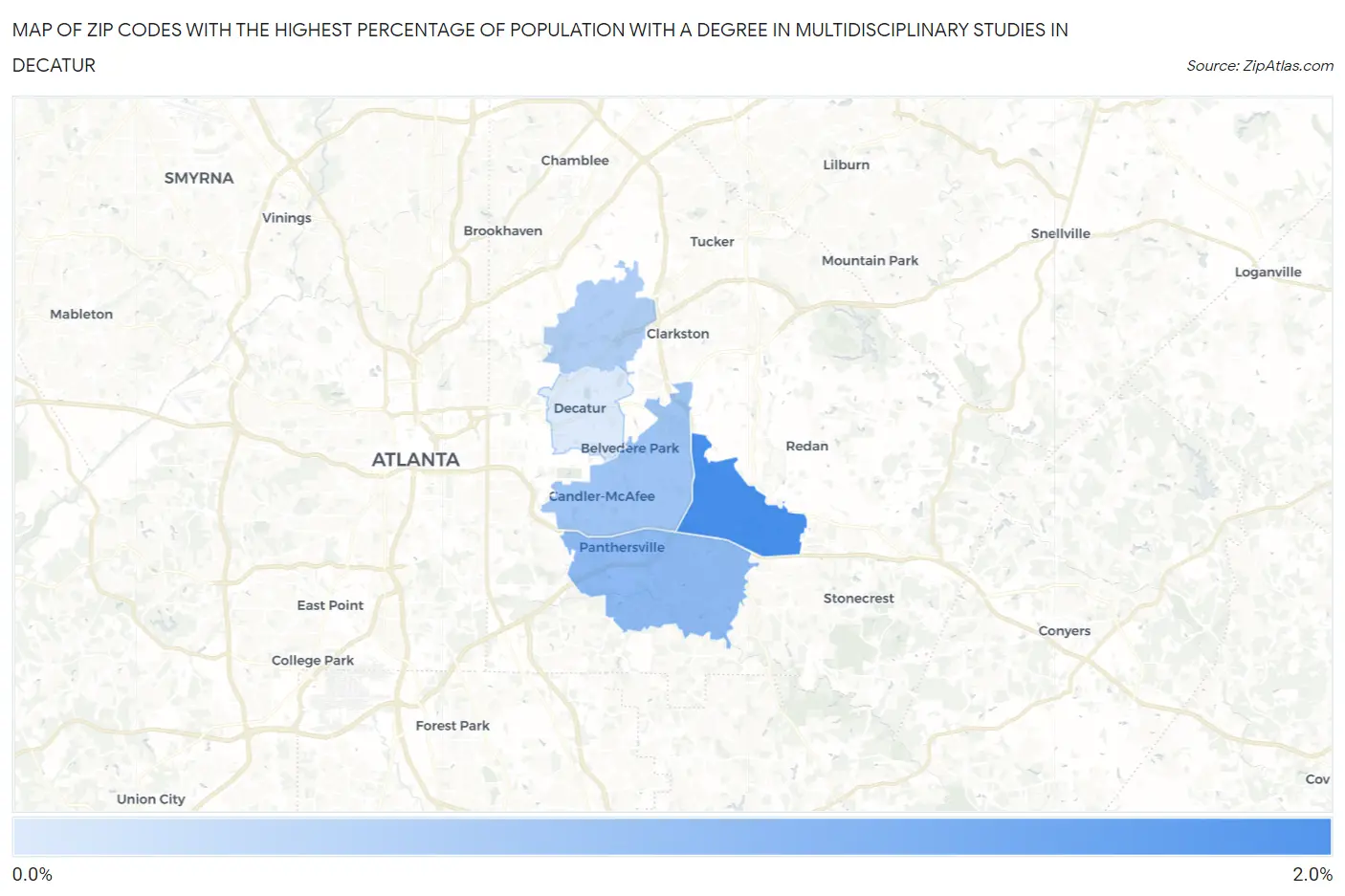 Zip Codes with the Highest Percentage of Population with a Degree in Multidisciplinary Studies in Decatur Map