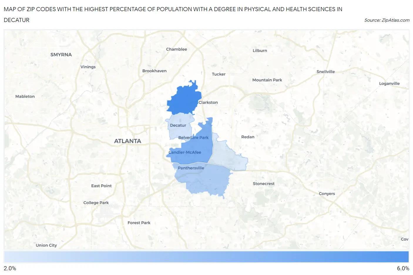 Zip Codes with the Highest Percentage of Population with a Degree in Physical and Health Sciences in Decatur Map