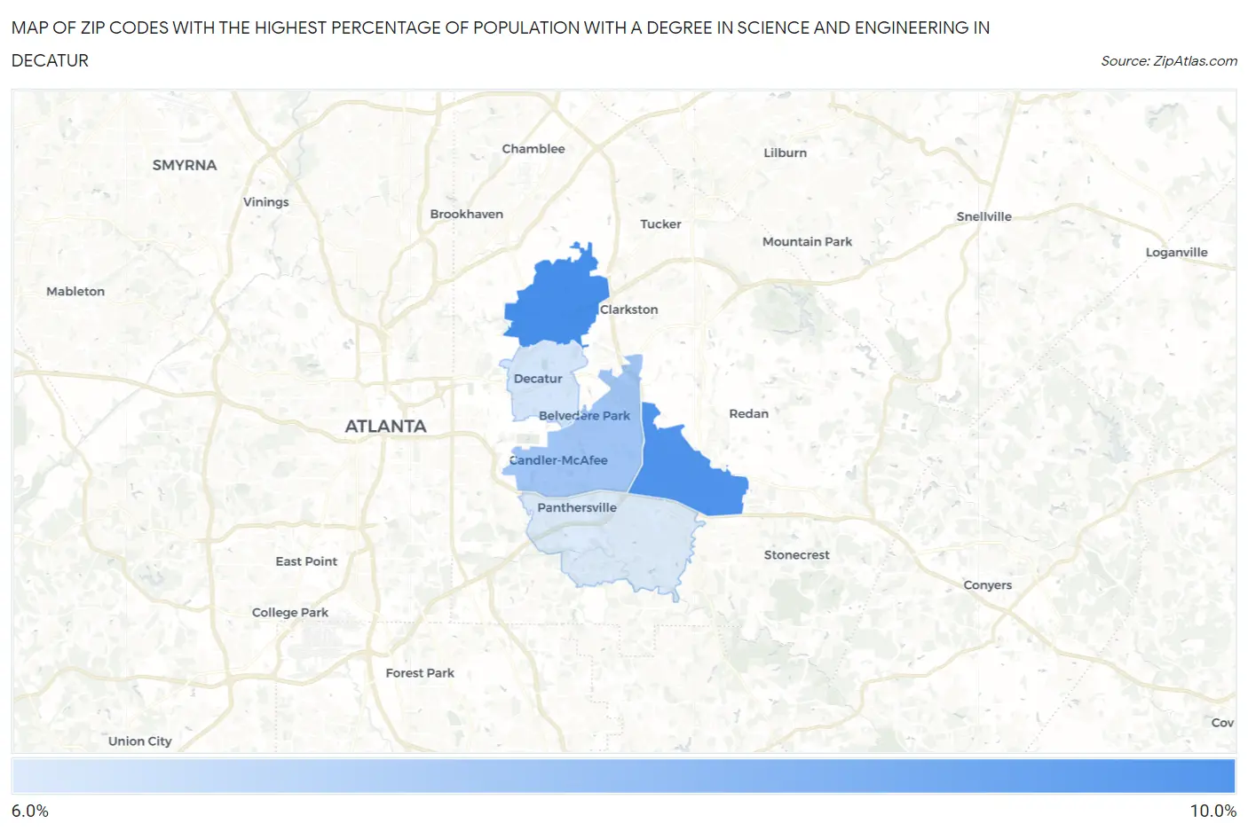Zip Codes with the Highest Percentage of Population with a Degree in Science and Engineering in Decatur Map