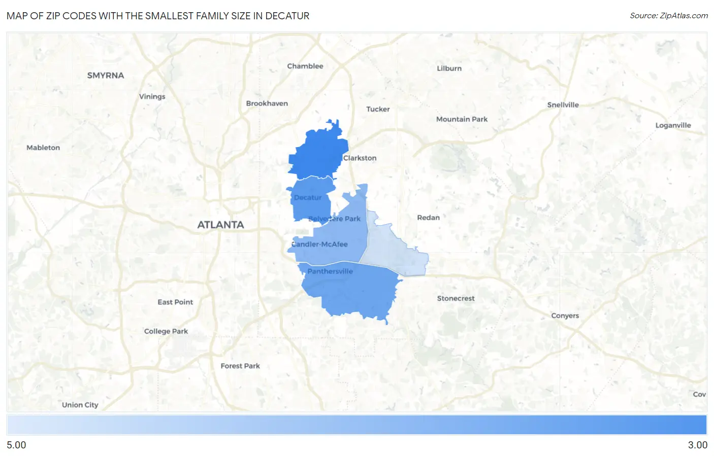 Zip Codes with the Smallest Family Size in Decatur Map