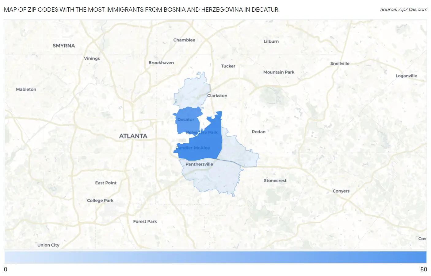 Zip Codes with the Most Immigrants from Bosnia and Herzegovina in Decatur Map