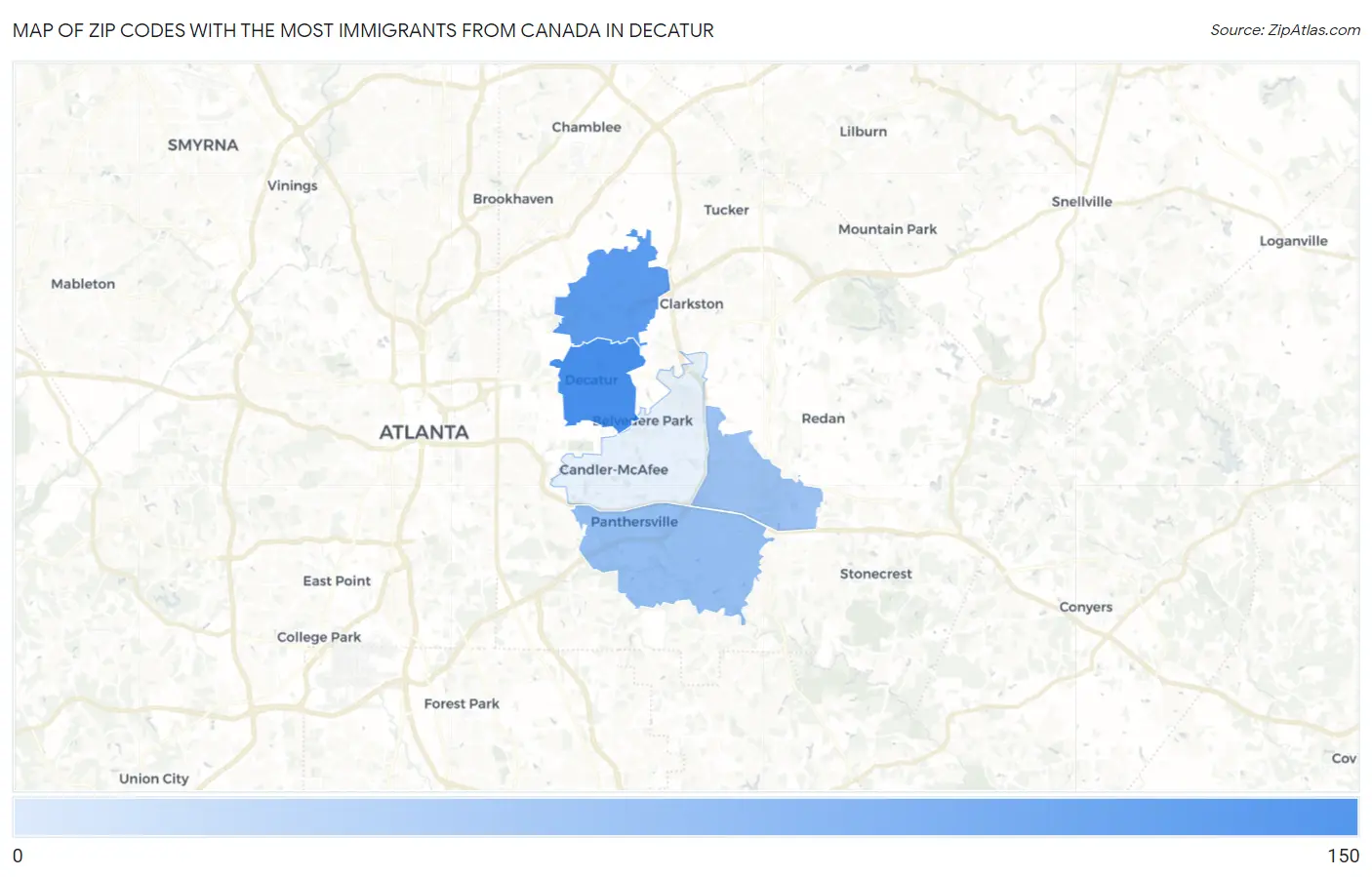 Zip Codes with the Most Immigrants from Canada in Decatur Map